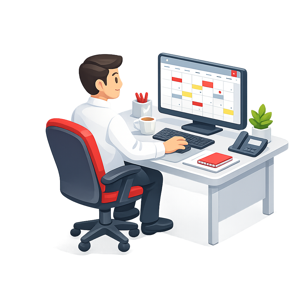 Dealer managing fleet calendar at desk