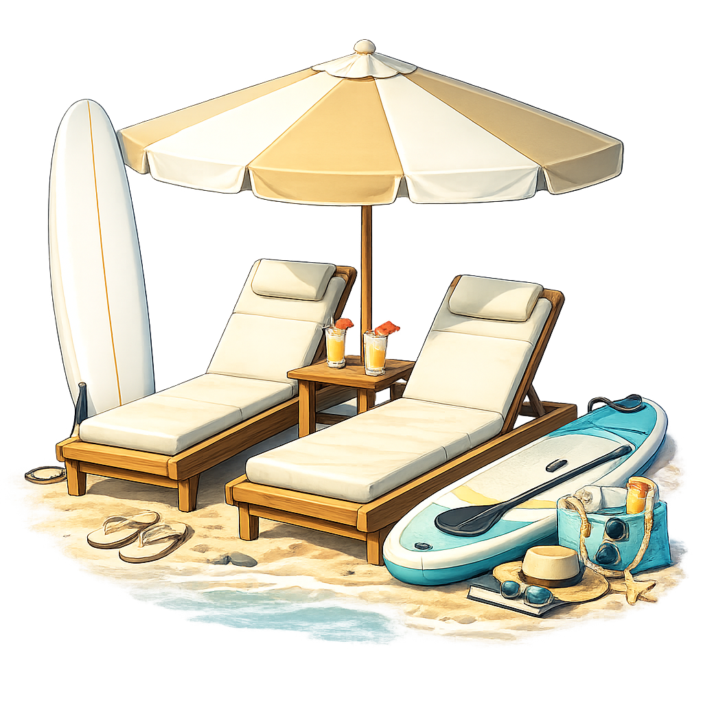 Equipment rental software featuring beach chairs and surfboards on a Drivehouse listing